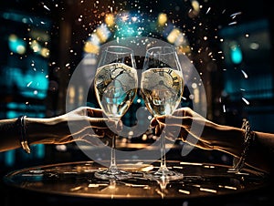 two hands with champagne glasses with clock reflection to celebrate Christmas midnight
