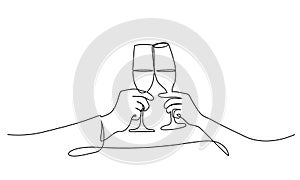 Two hands cheering with glasses of wine champagne One line