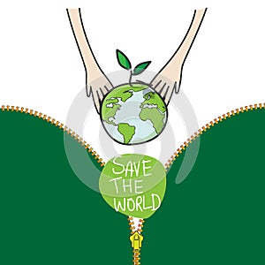 Two hands of the children planting green globe and tree for saving environment nature conservation, ecology concept. vector