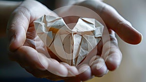 Two hands clasping a small intricate and perfectly folded origami heart with delicate paper fibers visible in the