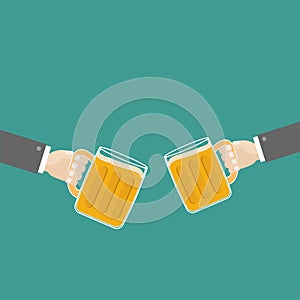 Two hands and clink beer glasses mug with foam cap froth bubble. Flat design