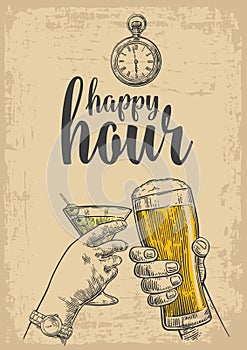 Two hands clink a glass of beer and a glass of cocktails. Vintage vector engraved drawn illustration for web, poster photo