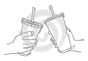 Two hands clink paper cups with soda at party. Sketch, linear drawing. Unhealthy food. Soft drink