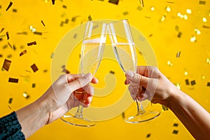 two hands clinking champagne glasses against vibrant yellow background with gold confetti