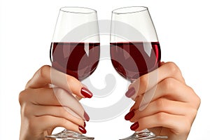 Two hands clinking red wine glasses celebration toast isolated on a white background