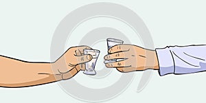 Two hands clinking shot glasses with alcohol vodka drink, Vector