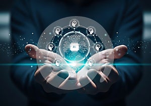 Futuristic hands hold glowing digital brain and network of ideas technology concept
