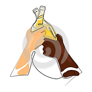 Two hands of different skin color holding two beer bottles.Clinking glasses.Party celebration in a pub.Vector