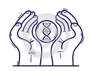 Two hands with DNA icon protecting and showing care vector flat style illustration isolated on white, cherish and defense for