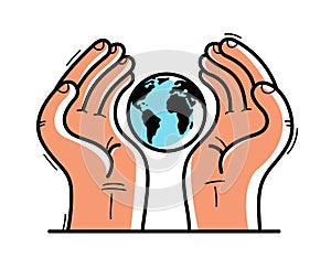 Two hands with earth icon protecting and showing care vector flat style illustration isolated on white, cherish and defense for