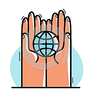 Two hands with earth icon protecting and showing care vector flat style illustration isolated on white, cherish and defense for