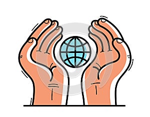 Two hands with earth icon protecting and showing care vector flat style illustration isolated on white, cherish and defense for