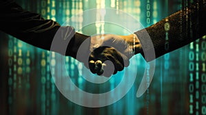 Two hands engaging in a firm handshake against a backdrop of glowing digital binary code, symbolizing modern business agreements