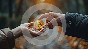 Two hands exchanging cryptocurrency