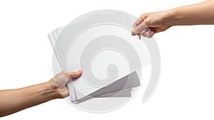 Two hands exchanging a stack of blank white documents