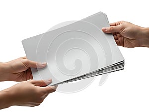 Two hands exchanging a stack of paper sheets