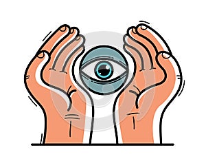 Two hands with eye icon protecting and showing care vector flat style illustration isolated on white, cherish and defense for