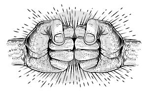 Two Hands Fist Bump Punch Woodcut Fists photo