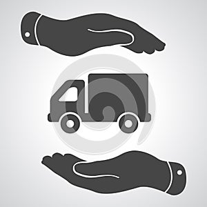 Two hands with flat truck pictogram