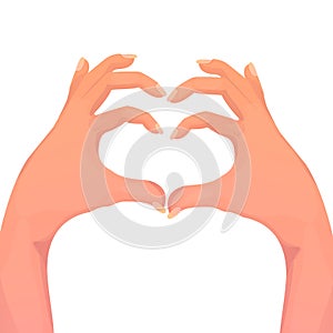 Two hands in gesture heart shape, arms as a sign love in cartoon style isolated on white background. Positive symbol