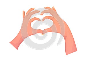 Two hands in gesture heart shape, arms as a sign love in cartoon style isolated on white background. Positive symbol