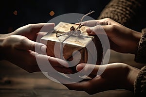 Two hands give two other hands a christmas gift box. Concept merry christmas and happy new year
