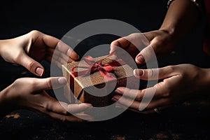 Two hands give two other hands a christmas gift box. Concept merry christmas and happy new year