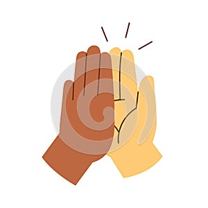 Two hands giving high five, clapping palms icon. Biracial arms slap, greeting hi gesture of friends. Partners