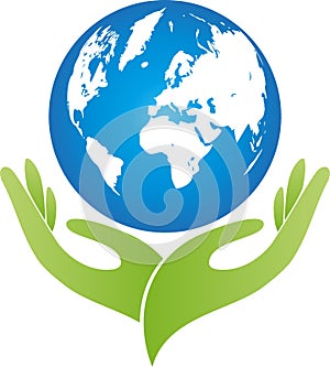 Two hands and globe, globe logo, earth background, earth logo, ecology and environment, backdrop