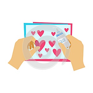 Two Hands Gluing Hearts To Paper Postcard, Elementary School Art Class Vector Illustration