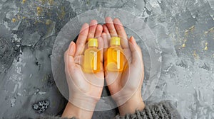 Two hands grasp yellow bottles against gray backdrop. Ai Generated