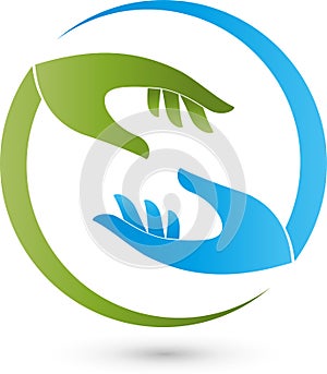 Two hands in green and blue, massage and orthopedic logo