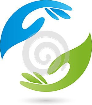 Two hands in green and blue, massage and wellness logo