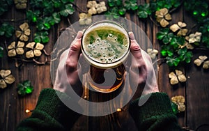 Two hands in green knitted sweater holding a pint of beer with green foam, POV. Top view, over the shoulder, AI Generative