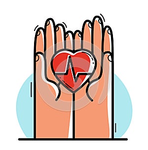 Two hands with heart and cardiogram protecting and showing care vector flat style illustration isolated on white, cherish and