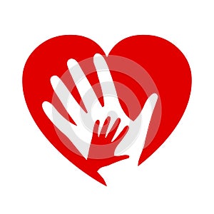 Two hands on heart, charity icon, organization of volunteers, family community