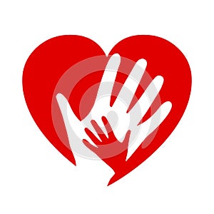 Two hands on heart, charity icon, organization of volunteers, family community