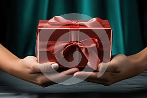 Two hands hold a Christmas gift box. Merry Christmas and Happy New Year concept.