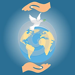 Two hands hold the Earth together with the dove of peace