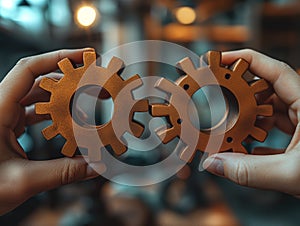 Two hands hold the gears together. puzzle pieces. Symbol of association and connection Teamwork