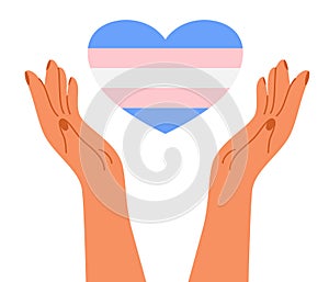 Two hands hold heart in lgbt flag colors.
