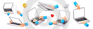 Two hands hold laptop computer with blank screen