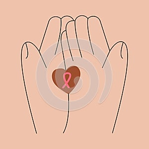 Two hands hold pink ribbon with heart.Breast cancer awareness concept with human arms.Medical flat vector illustration