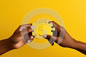 Two hands hold a puzzle piece against a yellow background