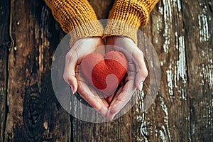 Two hands hold a red heart against an aged wooden backdrop, created by Generative AI