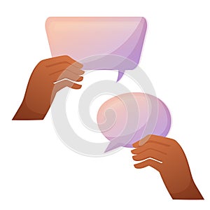 Two Hands hold two different shaped speech bubble for concept design. Cartoon vector isolated illustration. Message