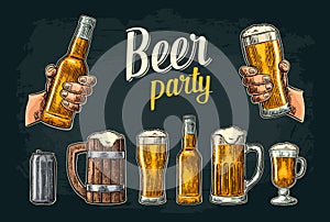 Two hands holding beer glasses mug. Glass, can, bottle. Vintage vector engraving illustration for web, poster