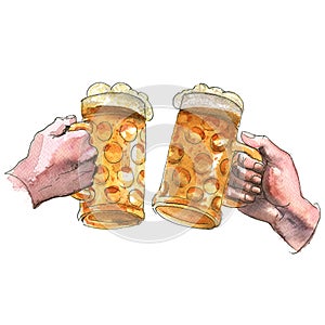 Two hands holding beer mugs making toast, cheers, watercolor illustration