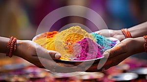 Two hands holding a bowl of colorful Holi powder, AI