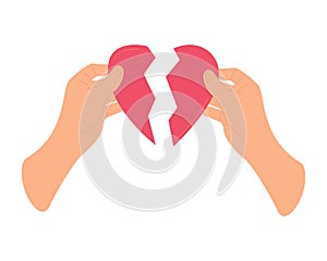 Two hands holding broken red heart illustration signifying heartbreak or loss, isolated, white background.